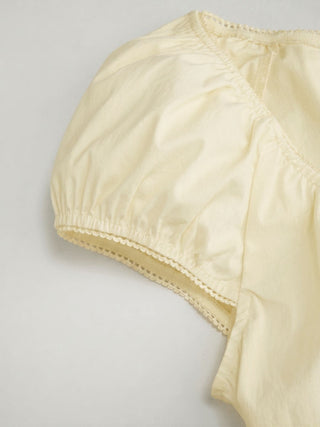 Cotton-blend Scoop Neckline Puff Sleeve Ruched Lace Trim Blouse