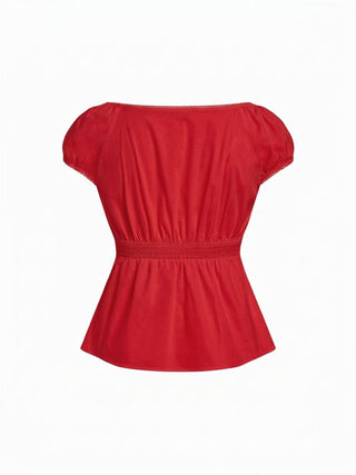 Cotton-blend Scoop Neckline Puff Sleeve Ruched Lace Trim Blouse