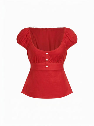 Cotton-blend Scoop Neckline Puff Sleeve Ruched Lace Trim Blouse