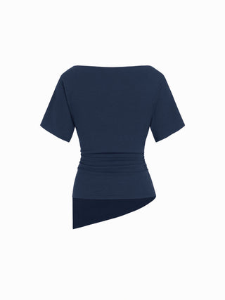 Cotton-blend Boat Neck Ruched Asymmetrical Hem Short Sleeve Tee