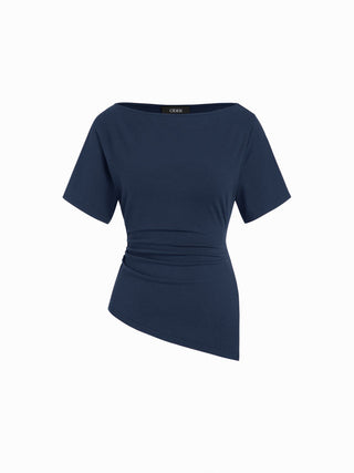 Cotton-blend Boat Neck Ruched Asymmetrical Hem Short Sleeve Tee