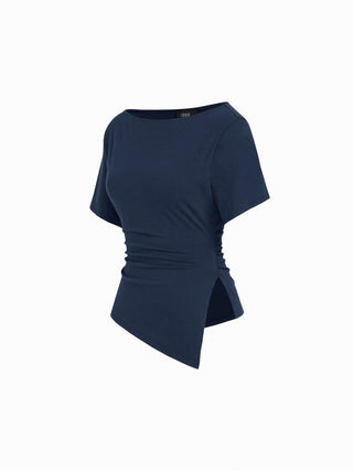 Cotton-blend Boat Neck Ruched Asymmetrical Hem Short Sleeve Tee