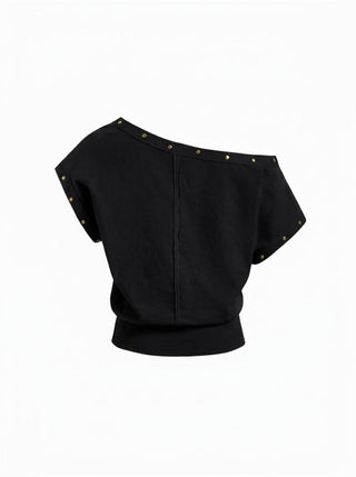 Cotton-blend Asymmetrical Neck Oversize Crop Tee