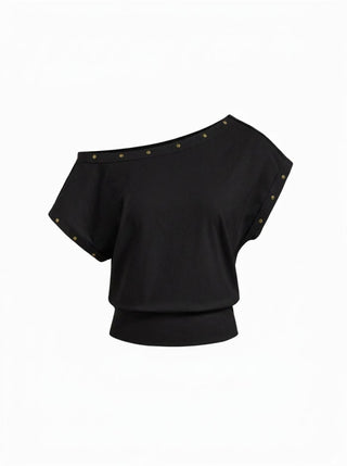 Cotton-blend Asymmetrical Neck Oversize Crop Tee