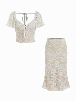 Mesh Sweetheart Floral Lace Ruffled Top & Lettuce Trim Mermaid Maxi Skirt Set