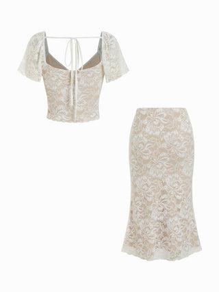 Mesh Sweetheart Floral Lace Ruffled Top & Lettuce Trim Mermaid Maxi Skirt Set