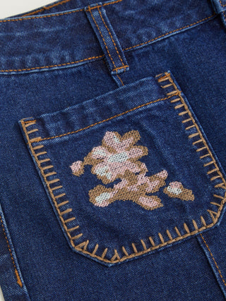 Floral Embroidery High-Waist Straight Leg Denim Jeans