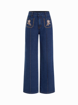 Floral Embroidery High-Waist Straight Leg Denim Jeans