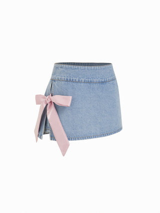 Denim Low Rise Washed Bowknot A-line Micro Mini Skort