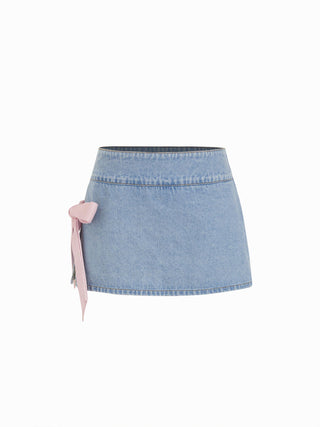 Denim Low Rise Washed Bowknot A-line Micro Mini Skort