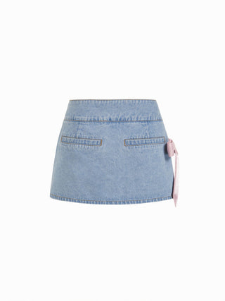 Denim Low Rise Washed Bowknot A-line Micro Mini Skort