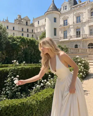 Sculptural Halter V-neck Draped Flared Maxi Dress