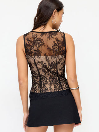 Lace Floral Boat Neck Ruched Color-block Tank Top