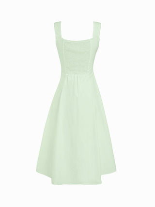 Cotton Square Neck Shirred Pocket A-line Midi Dress
