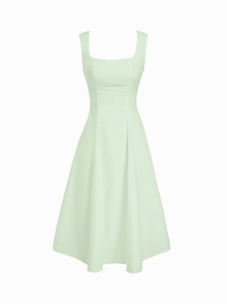 Cotton Square Neck Shirred Pocket A-line Midi Dress