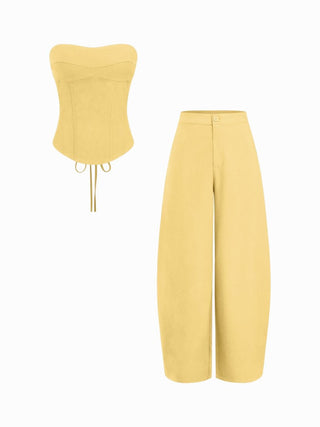 Linen-blend Lace Up Corset Bandeau Top & Mid Rise Barrel-leg Trousers Set
