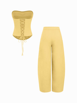 Linen-blend Lace Up Corset Bandeau Top & Mid Rise Barrel-leg Trousers Set