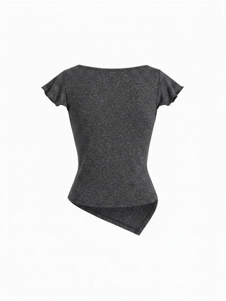 Cotton-blend Boat Neck Ruffle Sleeve Ruched Asymmetrical Hem Tee