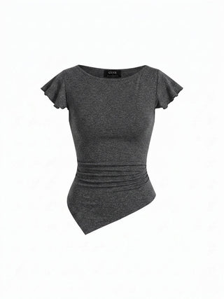 Cotton-blend Boat Neck Ruffle Sleeve Ruched Asymmetrical Hem Tee