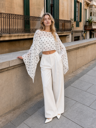 Chiffon Polka Dot Boat Neck Cloak Sleeve Oversized Poncho Blouse & Bandeau