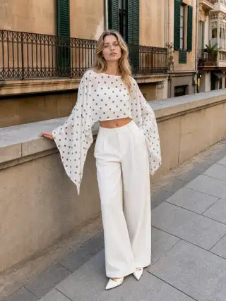 Chiffon Polka Dot Boat Neck Cloak Sleeve Oversized Poncho Blouse & Bandeau