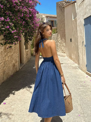 Stretch Denim Halter Neckline Washed A-line Maxi Dress