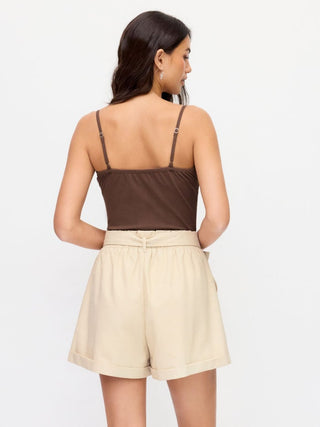 Linen-blend Colorblock Scoop Neck Mid Rise Belted Romper