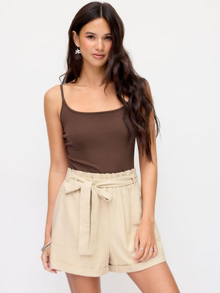 Linen-blend Colorblock Scoop Neck Mid Rise Belted Romper