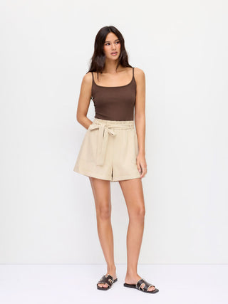 Linen-blend Colorblock Scoop Neck Mid Rise Belted Romper