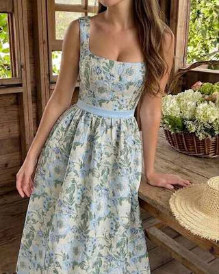Jacquard Jacquard Sculptural Floral Square Neck Lace Up Flared Midi Dress For Date Wedding