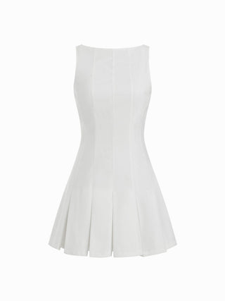 Linen-blend Boat Neck Pleated A-line Mini Dress