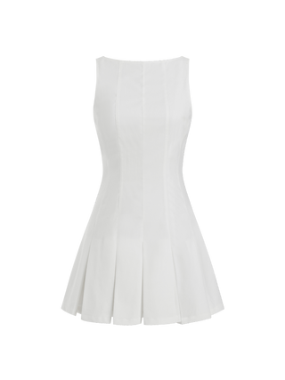 Linen-blend Boat Neck Pleated A-line Mini Dress