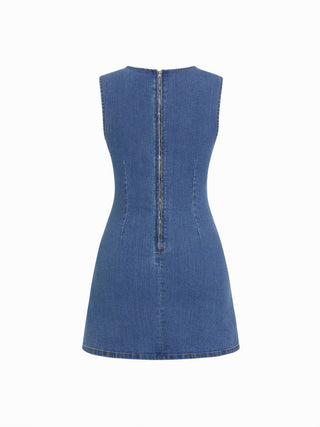 High Stretch Denim Ruched Zipper Mini Dress