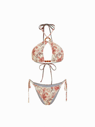 Halter Paisley O-Ring Beaded Tie Side Bikini with Sarong