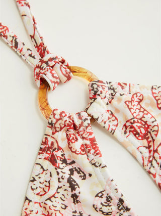 Halter Paisley O-Ring Beaded Tie Side Bikini with Sarong