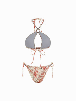 Halter Paisley O-Ring Beaded Tie Side Bikini with Sarong