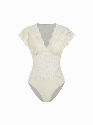 Lace Floral V-neck Ruffle Sleeve Lace Panel Shirt Bodysuit