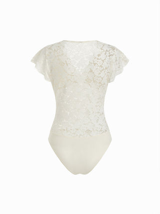 Lace Floral V-neck Ruffle Sleeve Lace Panel Shirt Bodysuit