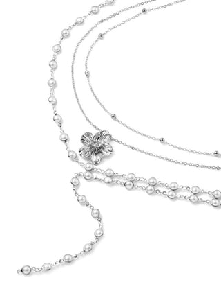 FLOWER & FAUX PEARL LAYERED NECKLACE