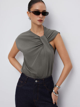 Cotton-blend Asymmetrical Neck Twist Knotted Bodysuit