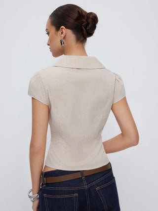 100% Cotton Notched Collar Puff Sleeve Ruched Button Through Blouse