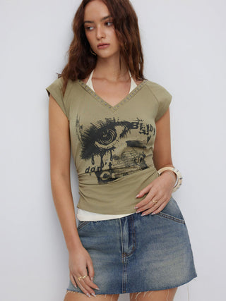Cotton-blend Eye Graphic Halter V-neck Metal Detail Ruched Short Sleeve Tee