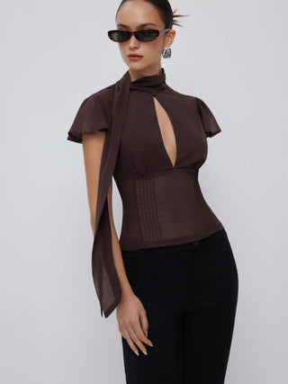 Chiffon Scarf Neck Short Sleeve Cut Out Pleated Blouse