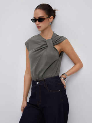 Cotton-blend Asymmetrical Neck Twist Knotted Bodysuit