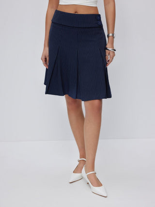 Mid Rise Striped Pleated Pocket Midi Skirt