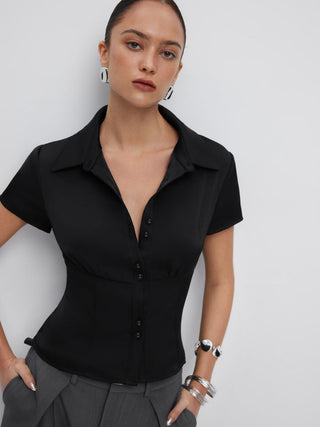 Satin Short Sleeve Ruched Corset Blouse