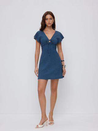 Textured V-neck Ruffle Sleeve Knotted Ruched A-line Mini Dress