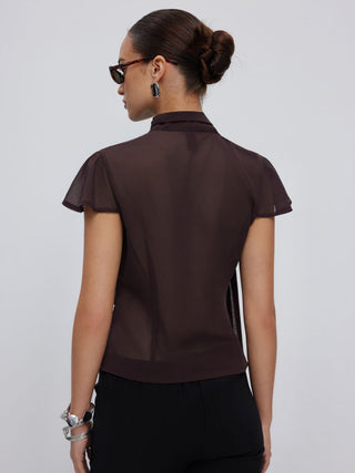 Chiffon Scarf Neck Short Sleeve Cut Out Pleated Blouse