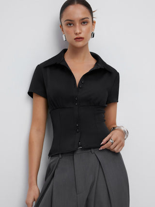 Satin Short Sleeve Ruched Corset Blouse
