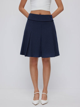 Mid Rise Striped Pleated Pocket Midi Skirt